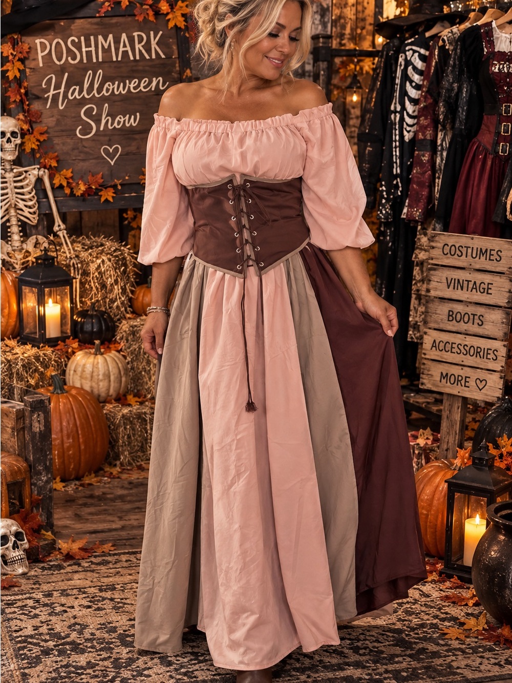 Romantic Off-Shoulder Maxi Dress with Lace-Up Corset - Tan& Brown